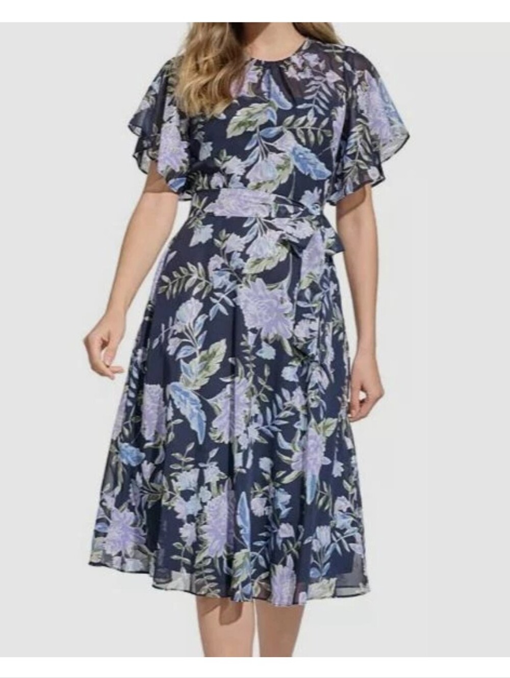 Jessica Howard Womens' Blue Flutter-Sleeve Belted Midi Dress Size 14